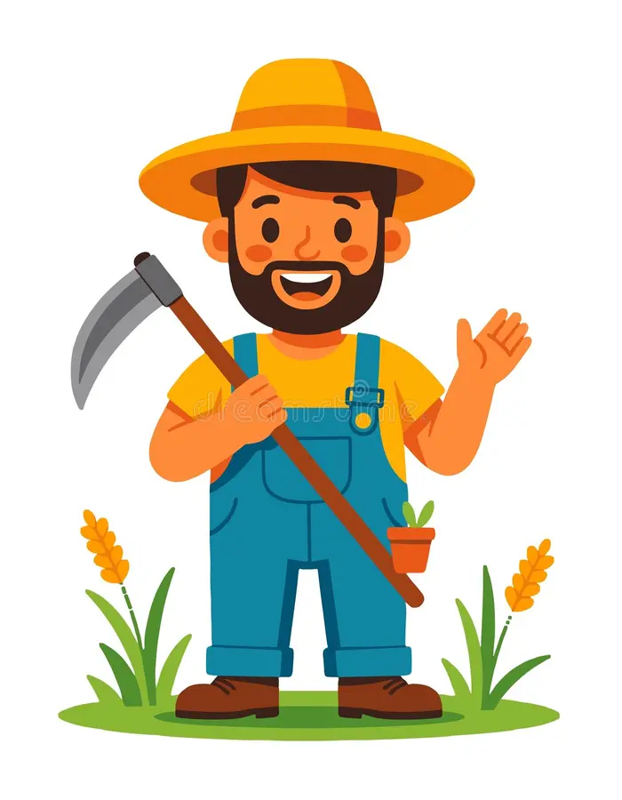cartoon farmer character man scythe rural agriculture design element illustration features cheerful depicted as happy 385985487